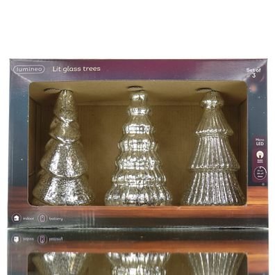 Lumineo Batterie LED Weihnachtsbäume Silberfarben 3er Set Ø 9 cm Höhe 17,5 cm - warmw