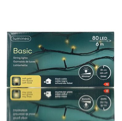 Lumineo LED Lichterkette Basic schwarz 6 Meter 80 Lichter - softgold