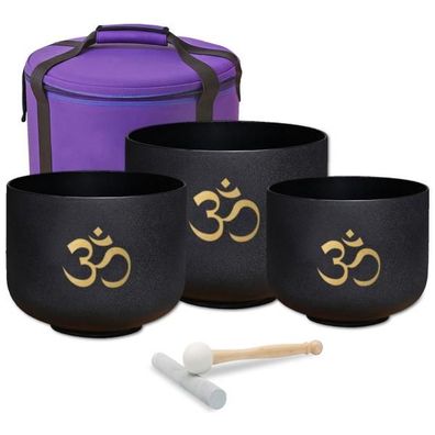 keepdrum Klangschalen-Set OM Pro Schwarz 3-Chakren Set mit Zubehör