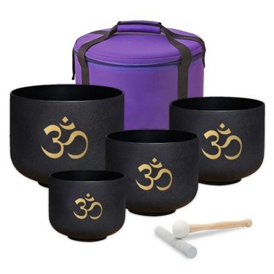 keepdrum Klangschalen-Set OM Pro Schwarz 4-Chakren Set mit Zubehör