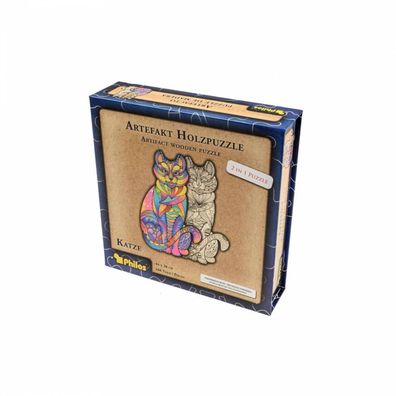 Artefakt Holzpuzzle 2 in 1 Katze - 160 Teile - in magnetischer Klappschachtel