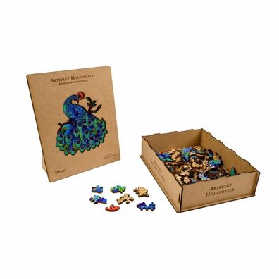 Artefakt Holzpuzzle 2 in 1 Pfau - 132 Teile - in Holzbox