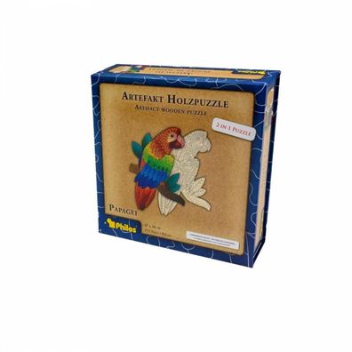 Artefakt Holzpuzzle 2 in 1 Papagei - 172 Teile - in magnetischer Klappschachtel