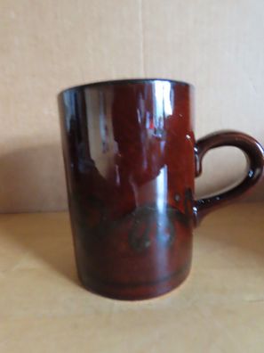 Tasse Becher Pott Keramik braun mit schwarzem Muster ca. 9,8 cm H