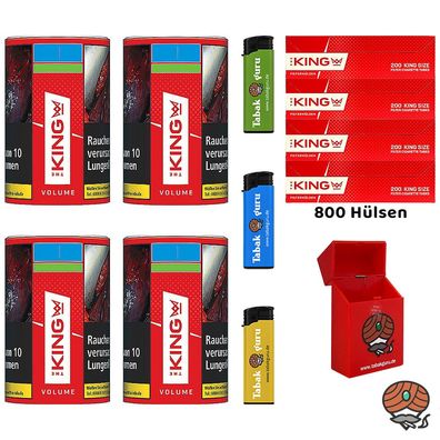 The King Red Volumentabak Dose 4x 90g, Hülsen, Feuerzeuge, Box