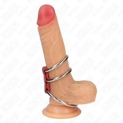 Kink - Dreifach Metall Penis Ring 3.7 Cm bis 5 Cm verbunden mit rotem Leder