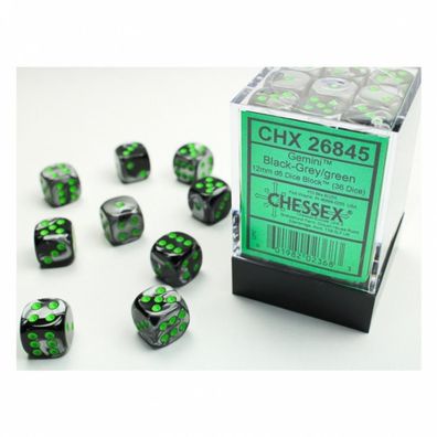 Würfel - 12mm - Gemini Black-Grey/green (Würfelset 36 x W6)