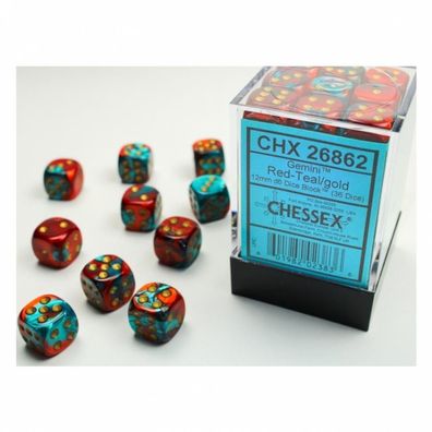 Würfel - 12mm - Gemini Red-Teal/gold (Würfelset 36 x W6)
