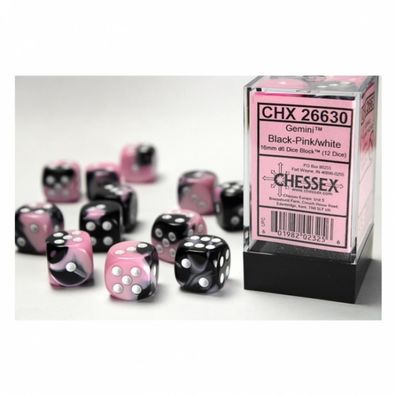 Würfel - 16mm - Gemini Black-Pink/white (Würfelset 12 x W6)