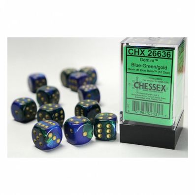 Würfel - 16mm - Gemini Blue-Green/gold (Würfelset 12 x W6)