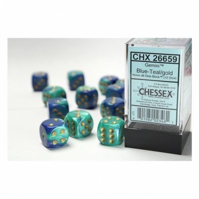 Würfel - 16mm - Gemini Blue-Teal/gold (Würfelset 12 x W6)