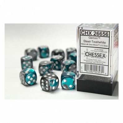 Würfel - 16mm - Gemini Steel-Teal/white (Würfelset 12 x W6)