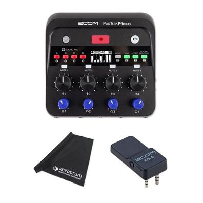 Zoom Audio-Recorder PodTrak P4next Mixer mit Bluetooth Adapter und Tuch
