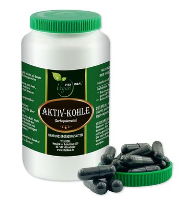 VITA IDEAL Vegan® Aktiv - Kohle Kapseln - Carbo pulveratur - Pflanzenkohle