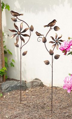 Gilde Gartenstecker, Windrad, "Vogel auf Ast", Blumenmotiv, Vogelmotiv, Metall,
