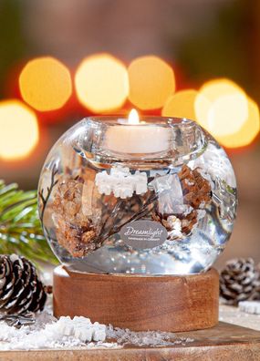 Gilde Dreamlight, Teelichtleuchter, Mercur auf Holzbase, Winter Story , Holz,