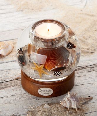 Gilde Dreamlight, Teelichtleuchter, Mercur auf Holzbase, "Beachhouse", Muschelmoti