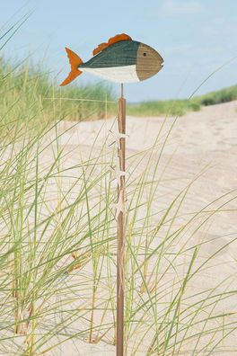 Gilde Gartenstecker, Fisch, "Neon", Seesternmotiv, Holz, blau, weiß, naturfarben,