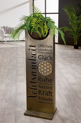 Gilde Schalenständer, flach, "AchtsamZeit", Lebensblumenmotiv, Spruch, Metall,
