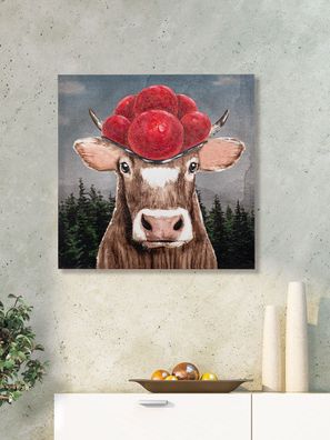 Gilde Bild, quadratisch, "Bollenhutkuh", Bollenhutmotiv, Kuhmotiv, Holz, Leinwand,