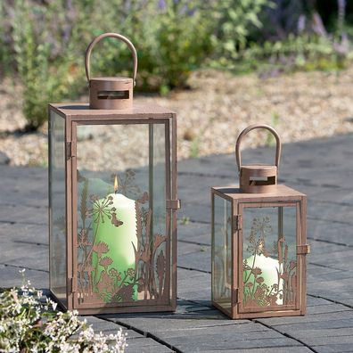 Gilde 2er Set, Laterne, rechteckig, "Wild Flowers", Blumenmotiv, Schmetterlingmoti