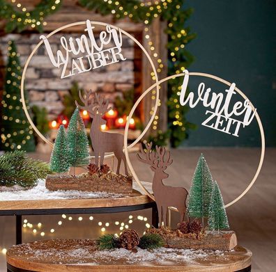 Gilde Standrelief, rund, "Winterzeit/Winterzauber", Tannenzapfenmotiv, Holz, natur