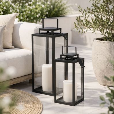 2er Deko Laternen Set Schwarz Gartenlaterne Windlicht Metall Schwarz H50/40cm