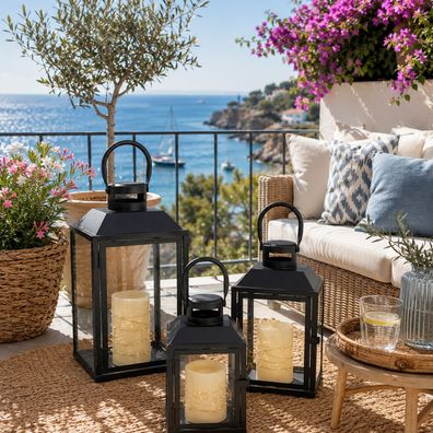 3er Deko Laternen Set Schwarz Gartenlaterne Windlicht Metall Außen H24/33/41cm