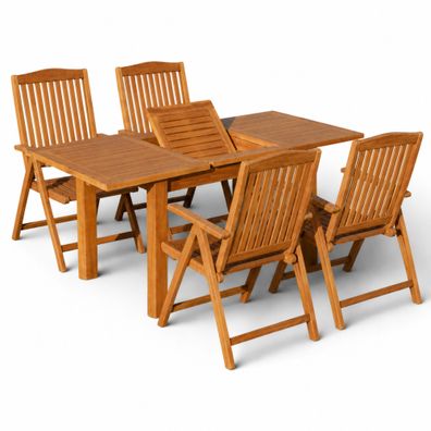 TEAK Gartenmöbel Set ausziehbarer Gartentisch 130-180 x 80 cm + 4 Hochlehner