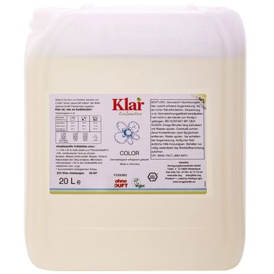 Klar Color Flüssigwaschmittel 20L ohne Duft, vegan, Öko-Pack