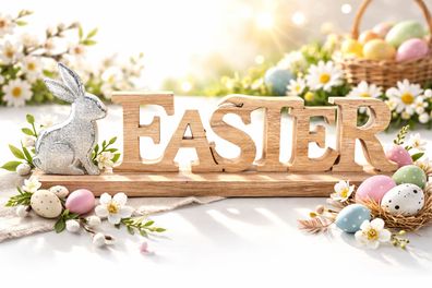 Osterdeko Schriftzug Easter mit Hase aus Holz Osterschmuck Frohe Ostern Frühling