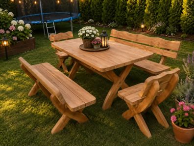 Gartenmöbel OW, Holzgartenmöbel, Tisch 180cm + 2 x Bank + 2 x Stuhl