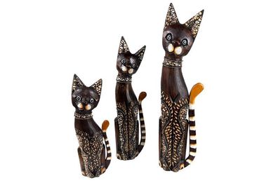 Katze MAUTZ aus Albesia-Holz 3er Set handgeschnitzt 40–60 cm