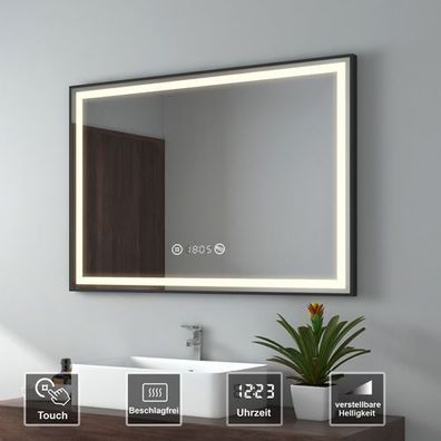 EMKE Badspiegel LED Beleuchtung Mit Touch Uhr Beschlagfrei Dimmen Bad Wandspiegel