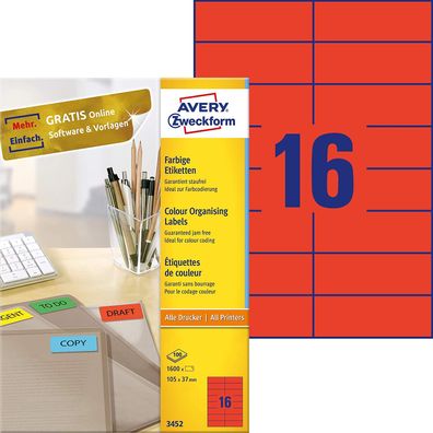 AVERY Zweckform 3452 Rote Etiketten (1.600 Aufkleber, 105x37mm auf A4, permanent haft