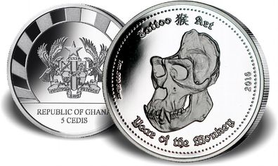 Ghana 5 Cedis 1 Oz Silber Tattoo Art - Year of the Monkey 2016 PP