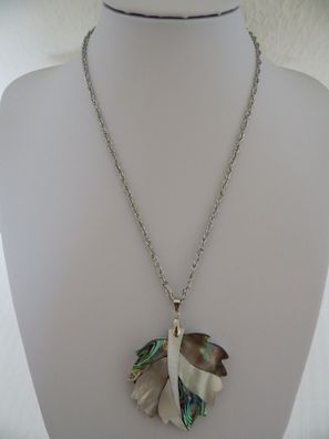 Elegante Halskette Edelstahl mit hochwertigem Anhänger Blatt, Perlmutt/Abalone