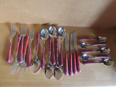 Besteckteile Messer Gabel Löffel Dessertlöffel roter Griff 20Teile