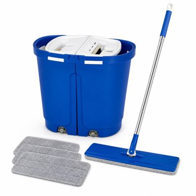 AquaBlade Flatmop Set | 2-Kammer Eimer | Wischmop | 3 Ersatzmops Blau