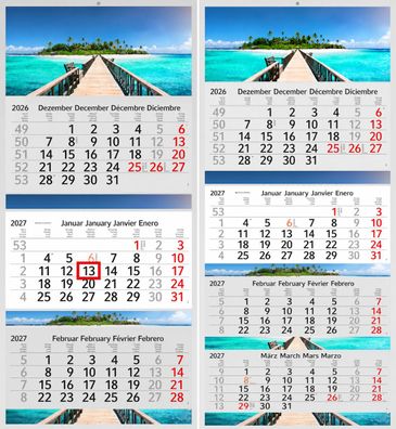 3 / 4 Monatskalender 2027 Wandkalender Fotokalender Bürokalender Kalender Malediven