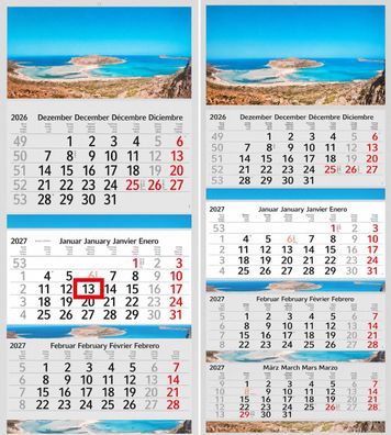3 / 4 Monatskalender 2027 Wandkalender Fotokalender Motivkalender Kalender mit Strand