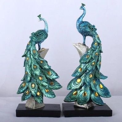 Pfau Deko Figur Gold Blau Harz Ornament Skulptur Wohnzimmer Weinschrank Regal