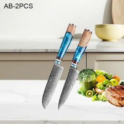 Professionelles Küchenmesser-Set VG10 Damaskus-Stahl Kochmesser Blauer Harzgriff