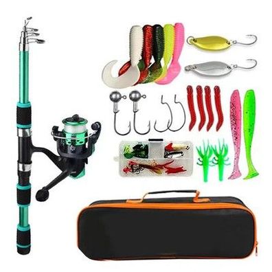 Angelruten-Set, komplette Kits mit Teleskop-Angelrute und Spinnrolle, Köder, Hak