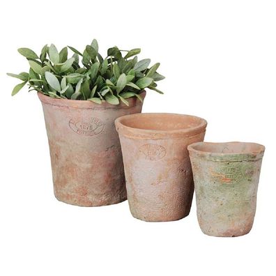 Aged Terracotta Blumentopf 3er Set Übertopf Umtopf rund verschieden groß Garten