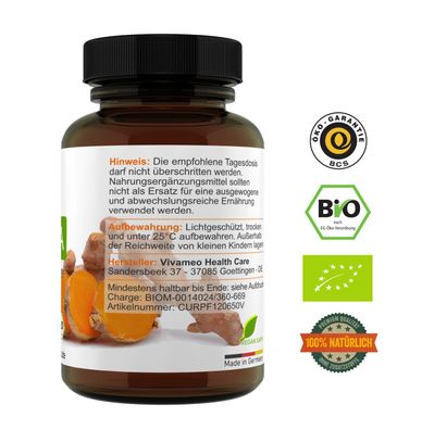 Bio Kurkuma Kapseln à 673 mg mit Bio schwarzem Pfeffer Piperin, Curcumin • Vivameo ®