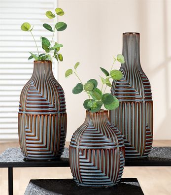 Gilde Vase, bauchig, "Batista", gestreift, Keramik, blau, braun, VE 2, H. 20 cm,