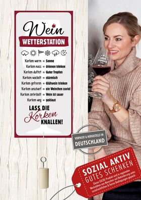 Gilde Wetterstation (Schild), rechteckig, "Wein", Spruch, Aluminium, weiß, VE 6,