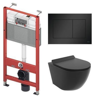 WC SET: Vorwandelement TECE + Toilette Schwarz + Matte + Betätigungsplatte in Schwarz