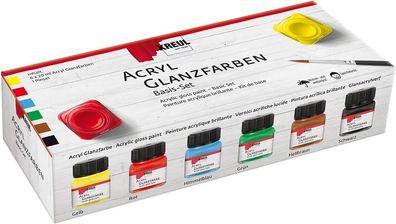 KREUL 79600 - Acryl Glanzfarben im Set, 6 x 20 ml Farbe und ein Pinsel, glänzend-glat